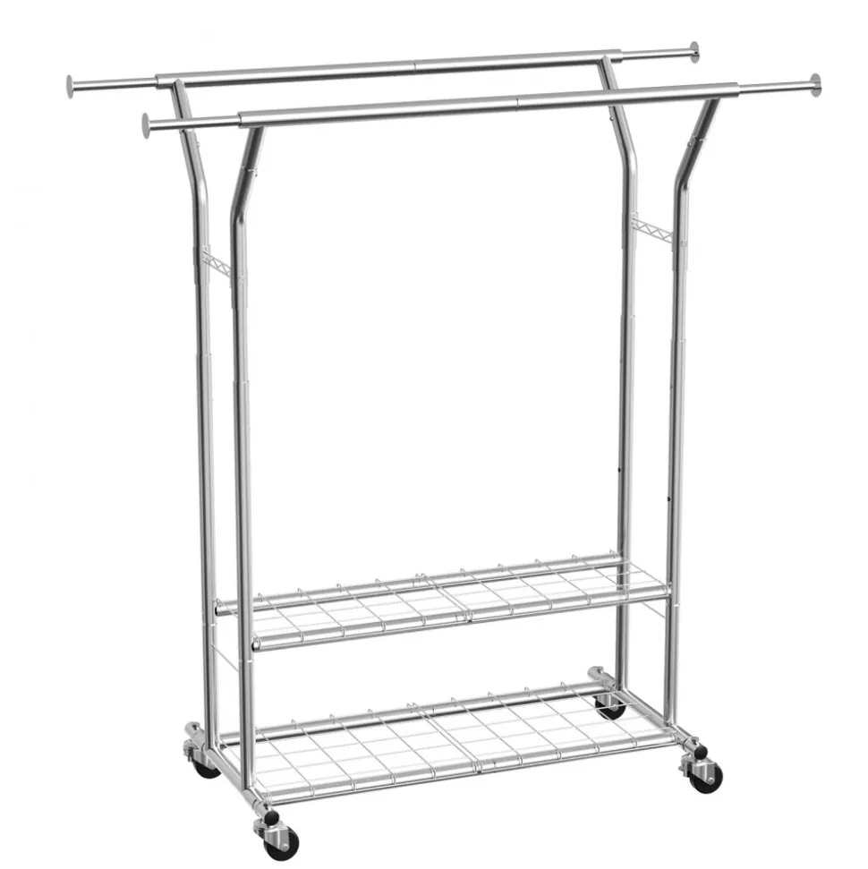 VEVOR Clothes Rack, Rolling Clothing Garment Rack with 2 Hanging Rods and 2 Storage Shelves, 264 lbs Load Capacity, Adjustable Height Carbon Steel Clothing Racks for Bedroom, Laundry, Living Room
