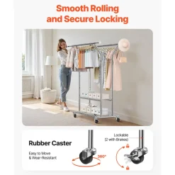 VEVOR Clothes Rack, Rolling Clothing Garment Rack with 2 Hanging Rods and 2 Storage Shelves, 264 lbs Load Capacity, Adjustable Height Carbon Steel Clothing Racks for Bedroom, Laundry, Living Room