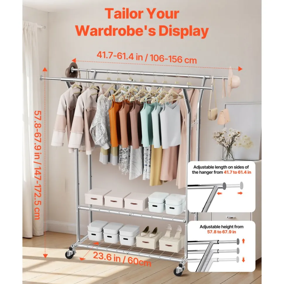 VEVOR Clothes Rack, Rolling Clothing Garment Rack with 2 Hanging Rods and 2 Storage Shelves, 264 lbs Load Capacity, Adjustable Height Carbon Steel Clothing Racks for Bedroom, Laundry, Living Room