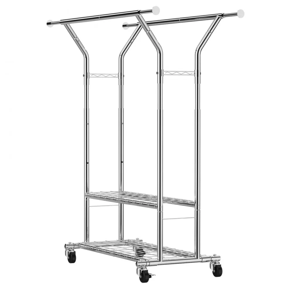 VEVOR Clothes Rack, Rolling Clothing Garment Rack with 2 Hanging Rods and 2 Storage Shelves, 264 lbs Load Capacity, Adjustable Height Carbon Steel Clothing Racks for Bedroom, Laundry, Living Room