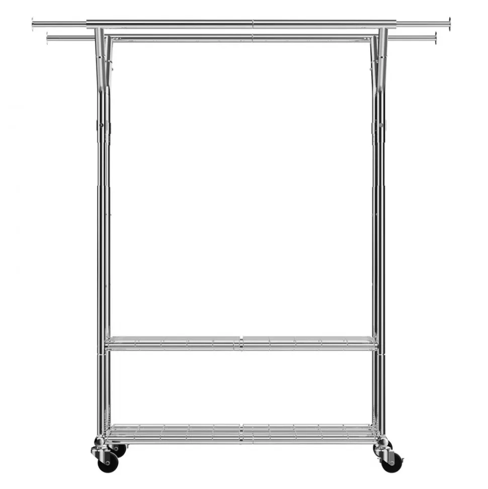 VEVOR Clothes Rack, Rolling Clothing Garment Rack with 2 Hanging Rods and 2 Storage Shelves, 264 lbs Load Capacity, Adjustable Height Carbon Steel Clothing Racks for Bedroom, Laundry, Living Room