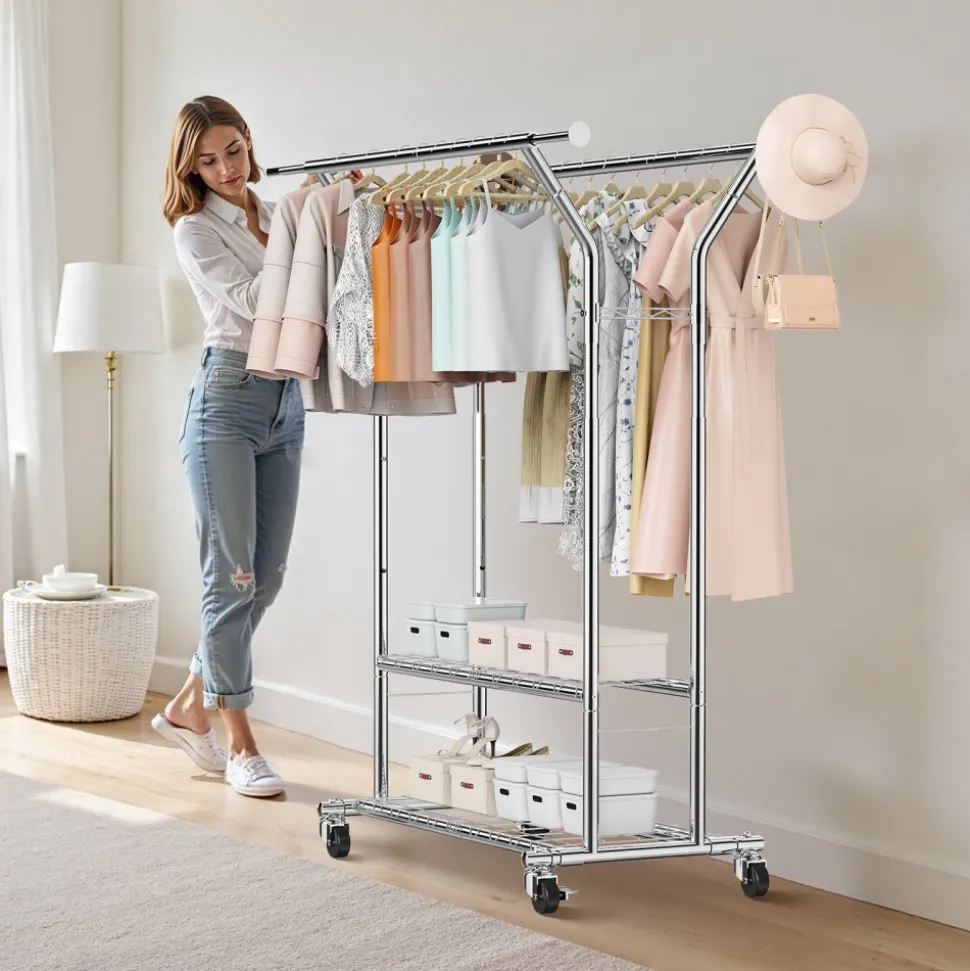 VEVOR Clothes Rack, Rolling Clothing Garment Rack with 2 Hanging Rods and 2 Storage Shelves, 264 lbs Load Capacity, Adjustable Height Carbon Steel Clothing Racks for Bedroom, Laundry, Living Room