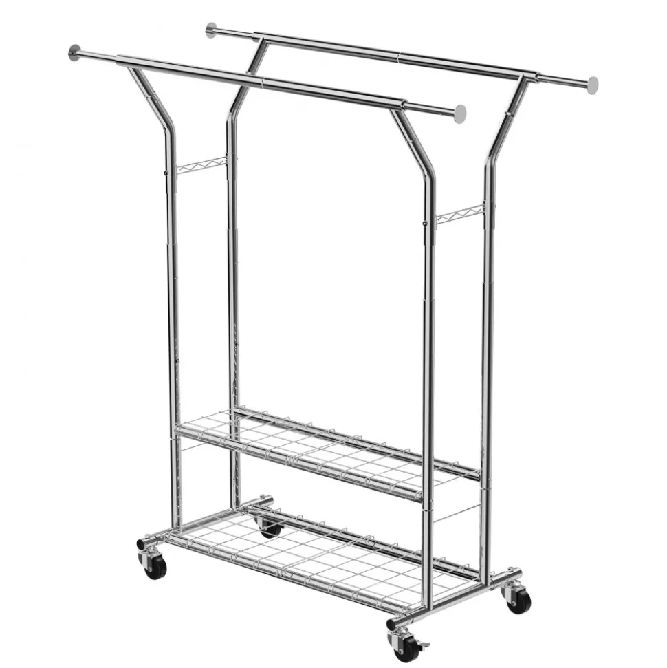 VEVOR Clothes Rack, Rolling Clothing Garment Rack with 2 Hanging Rods and 2 Storage Shelves, 264 lbs Load Capacity, Adjustable Height Carbon Steel Clothing Racks for Bedroom, Laundry, Living Room