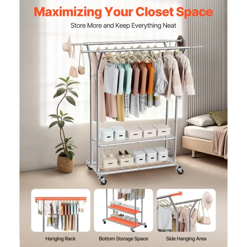 VEVOR Clothes Rack, Rolling Clothing Garment Rack with 2 Hanging Rods and 2 Storage Shelves, 264 lbs Load Capacity, Adjustable Height Carbon Steel Clothing Racks for Bedroom, Laundry, Living Room