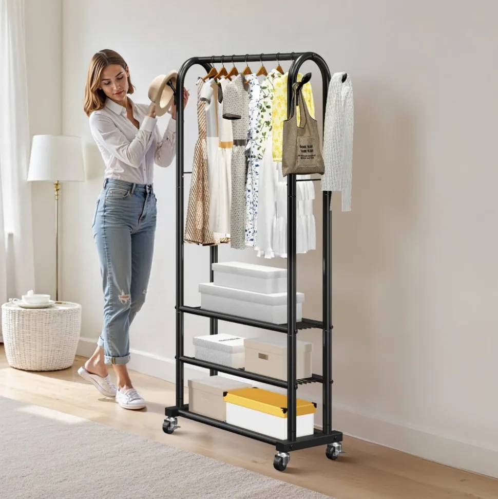 VEVOR Clothes Rack, Rolling Clothing Garment Rack with Hanging Rod and Side Hooks, 3 Storage Shelves, 99 lbs Load Capacity, Heavy Duty Carbon Steel Clothing Racks for Bedroom, Laundry, Living Room
