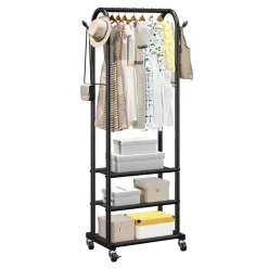 VEVOR Clothes Rack, Rolling Clothing Garment Rack with Hanging Rod and Side Hooks, 3 Storage Shelves, 99 lbs Load Capacity, Heavy Duty Carbon Steel Clothing Racks for Bedroom, Laundry, Living Room