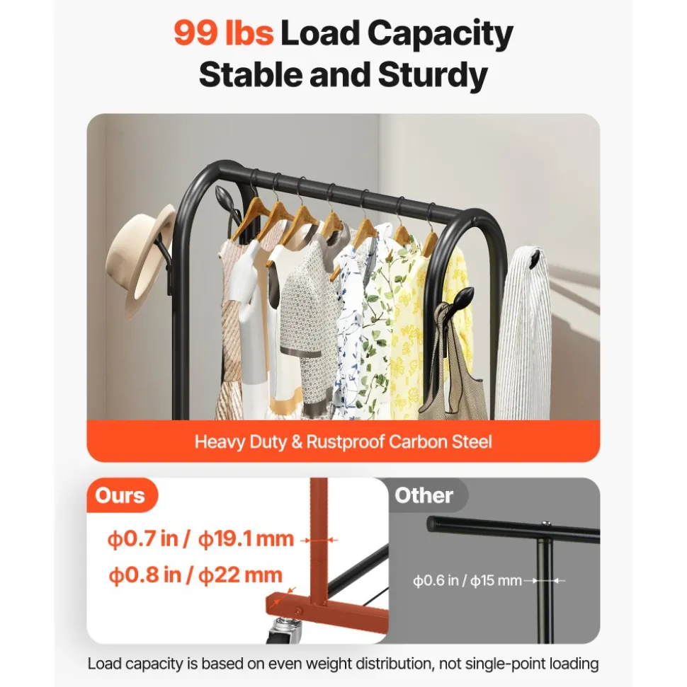 VEVOR Clothes Rack, Rolling Clothing Garment Rack with Hanging Rod and Side Hooks, 3 Storage Shelves, 99 lbs Load Capacity, Heavy Duty Carbon Steel Clothing Racks for Bedroom, Laundry, Living Room