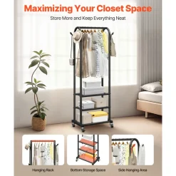 VEVOR Clothes Rack, Rolling Clothing Garment Rack with Hanging Rod and Side Hooks, 3 Storage Shelves, 99 lbs Load Capacity, Heavy Duty Carbon Steel Clothing Racks for Bedroom, Laundry, Living Room
