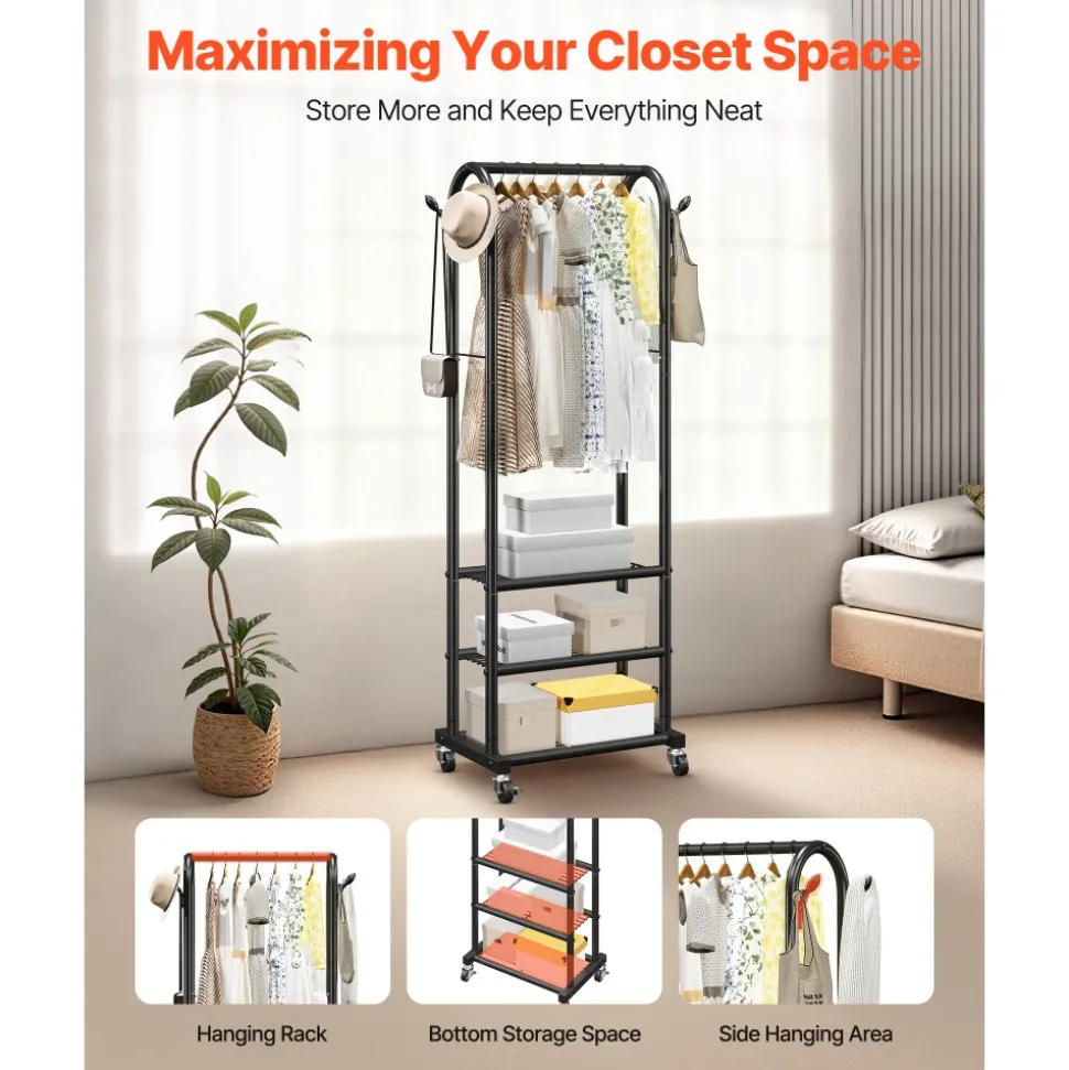 VEVOR Clothes Rack, Rolling Clothing Garment Rack with Hanging Rod and Side Hooks, 3 Storage Shelves, 99 lbs Load Capacity, Heavy Duty Carbon Steel Clothing Racks for Bedroom, Laundry, Living Room