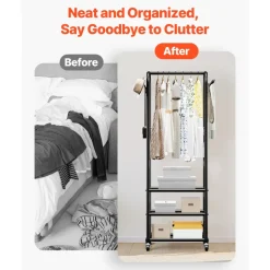 VEVOR Clothes Rack, Rolling Clothing Garment Rack with Hanging Rod and Side Hooks, 3 Storage Shelves, 99 lbs Load Capacity, Heavy Duty Carbon Steel Clothing Racks for Bedroom, Laundry, Living Room