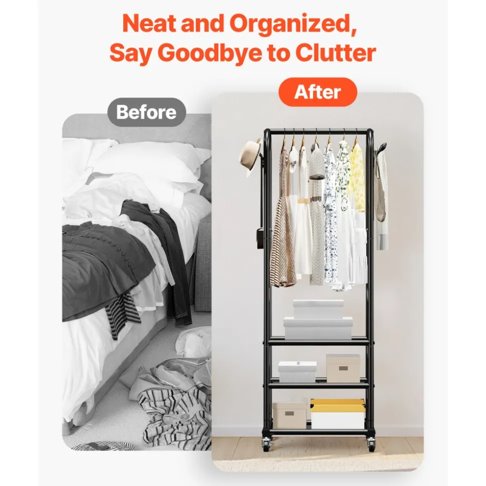 VEVOR Clothes Rack, Rolling Clothing Garment Rack with Hanging Rod and Side Hooks, 3 Storage Shelves, 99 lbs Load Capacity, Heavy Duty Carbon Steel Clothing Racks for Bedroom, Laundry, Living Room
