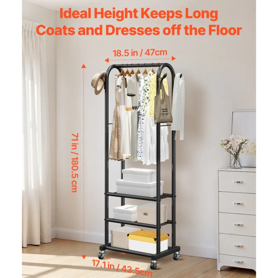 VEVOR Clothes Rack, Rolling Clothing Garment Rack with Hanging Rod and Side Hooks, 3 Storage Shelves, 99 lbs Load Capacity, Heavy Duty Carbon Steel Clothing Racks for Bedroom, Laundry, Living Room