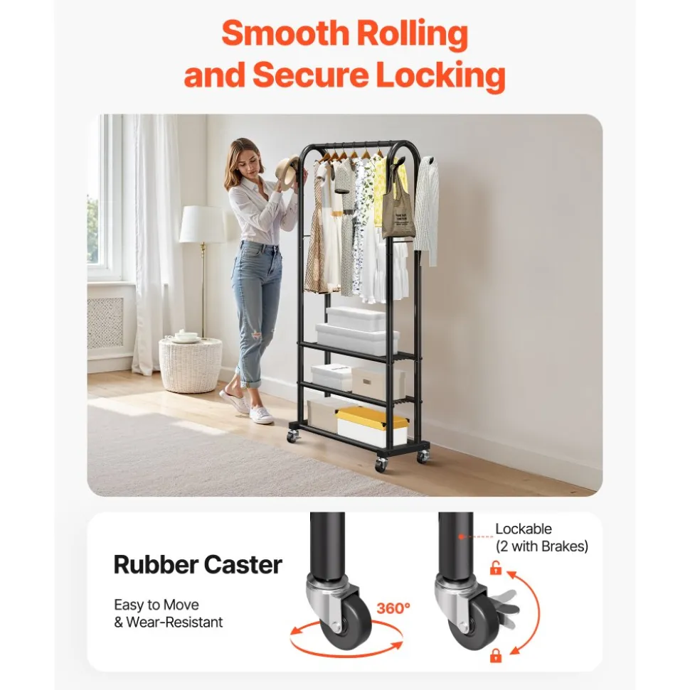 VEVOR Clothes Rack, Rolling Clothing Garment Rack with Hanging Rod and Side Hooks, 3 Storage Shelves, 99 lbs Load Capacity, Heavy Duty Carbon Steel Clothing Racks for Bedroom, Laundry, Living Room