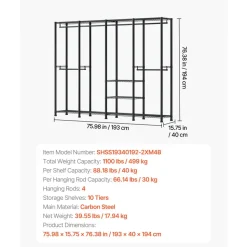 VEVOR Clothing Garment Rack, Heavy Duty Closet Wardrobe, 7 Adjustable Tiers Clothes Racks with Steel Frame, 850 lbs Load Capacity Clothes Rack with 4 Hanging Rods for Bedroom, Clothing Store, Hallway