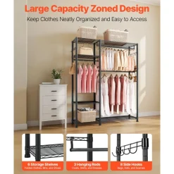 VEVOR Clothing Garment Rack, Heavy Duty Clothes Rack, 6 Adjustable Tiers Clothes Racks with Steel Frame, 800 lbs Load Capacity Closet Wardrobe with 3 Hanging Rods for Bedroom, Clothing Store, Hallway