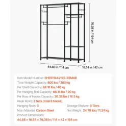 VEVOR Clothing Garment Rack, Heavy Duty Clothes Rack, 6 Adjustable Tiers Clothes Racks with Steel Frame, 800 lbs Load Capacity Closet Wardrobe with 3 Hanging Rods for Bedroom, Clothing Store, Hallway
