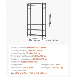 VEVOR Clothing Garment Rack, Heavy Duty Clothing Garment Rack, 4 Adjustable Tiers Clothing Racks with Carbon Steel, 500 lbs Load Capacity Closet Wardrobe for Bedroom, Clothing Store, Hallway