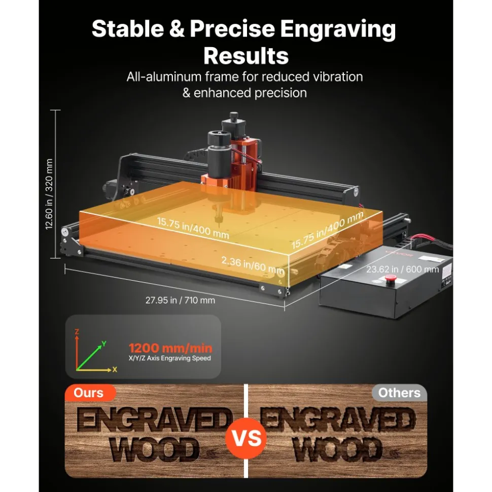 VEVOR CNC Router Machine, 300W Spindle, 3-Axis Wood Engraving Milling Machine, with 15.75 x 15.75 x 2.36 in Working Area, Offline Controller, Aluminum Alloy Structure, for Wood Acrylic Carving Cutting