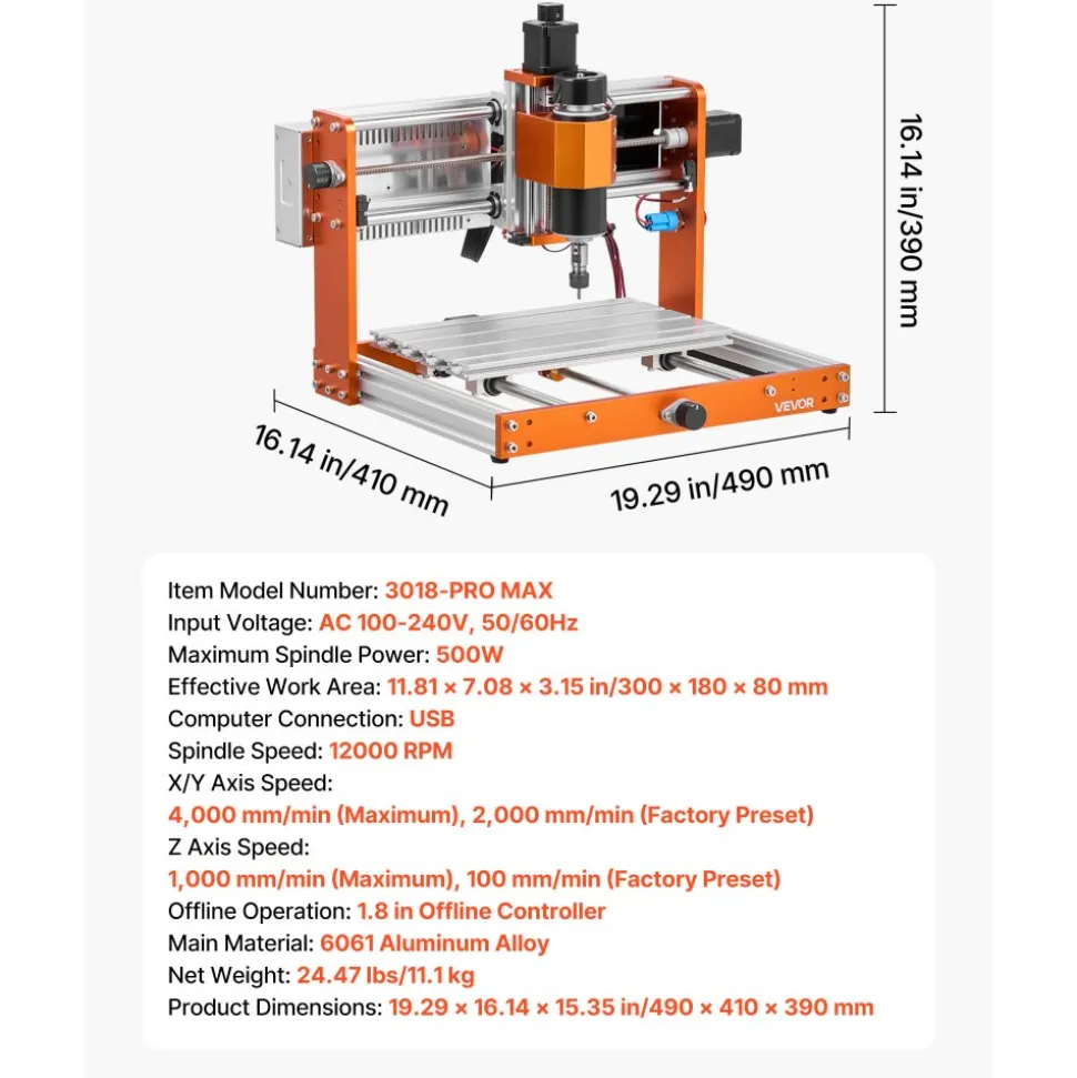 VEVOR CNC Router Machine, 500W Spindle, 3-Axis Wood Engraving Milling Machine, with 300 x 180 x 80 mm Working Area, Offline Controller, Limit Switch, E-Stop, for Wood Acrylic Plastic Carving Cutting