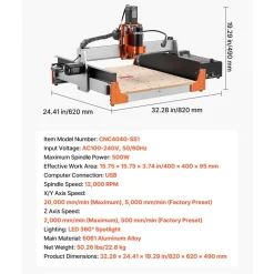 VEVOR CNC Router Machine, 500W Spindle, 3-Axis Wood Engraving Milling Machine, with Dual Linear Rails & Ball Screw, 15.75 x 15.75 x 3.74 in Working Area, Trim Router, for Wood Acrylic Carving Cutting