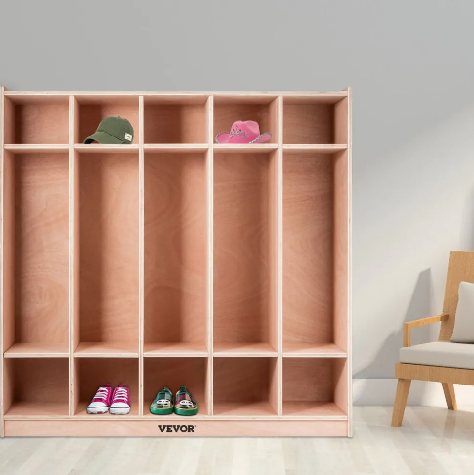 VEVOR Coat Locker, 5-Section Daycare Cubby Coat Rack, Classroom Coat Locker and Backpack Hanger, with 5 Hooks and Storage Boxes, for Kindergarten & School, Natural