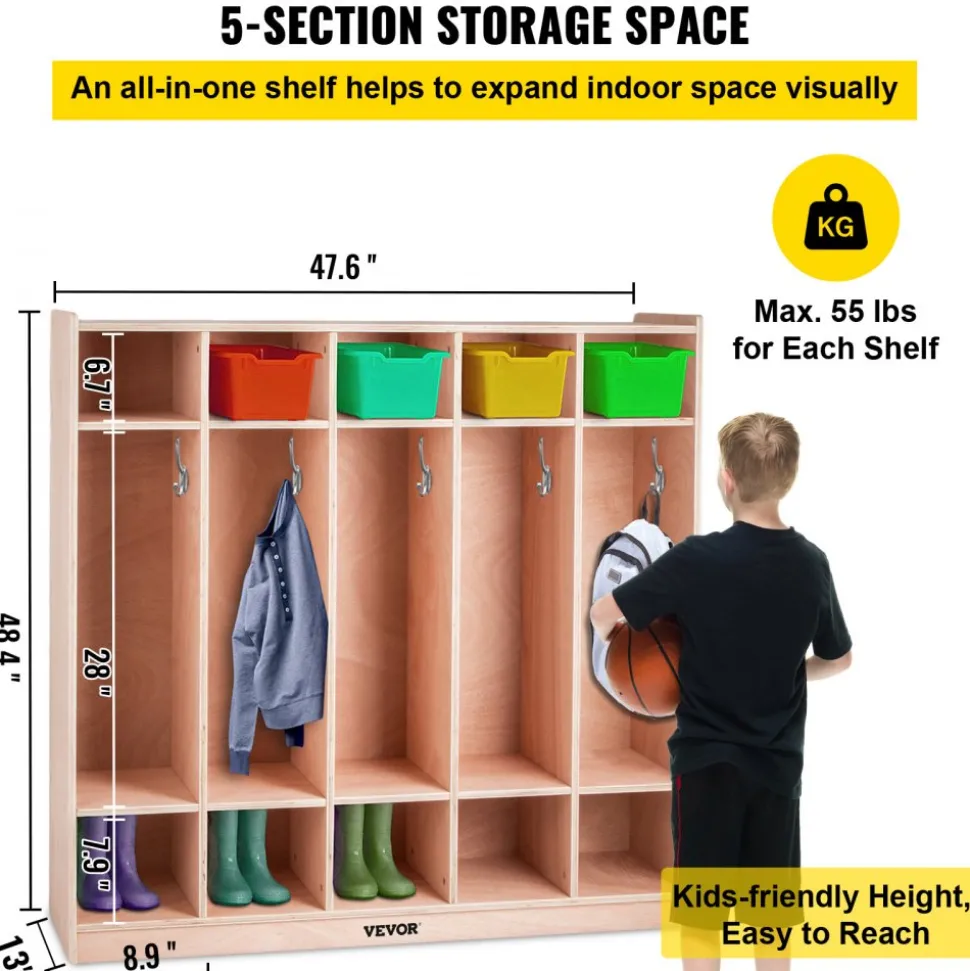 VEVOR Coat Locker, 5-Section Daycare Cubby Coat Rack, Classroom Coat Locker and Backpack Hanger, with 5 Hooks and Storage Boxes, for Kindergarten & School, Natural