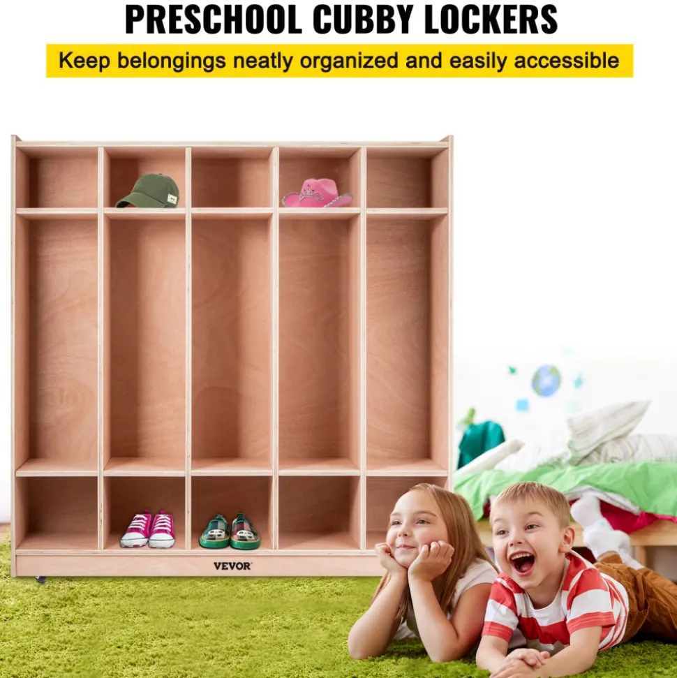 VEVOR Coat Locker, 5-Section Daycare Cubby Coat Rack, Classroom Coat Locker and Backpack Hanger, with 5 Hooks and Storage Boxes, for Kindergarten & School, Natural