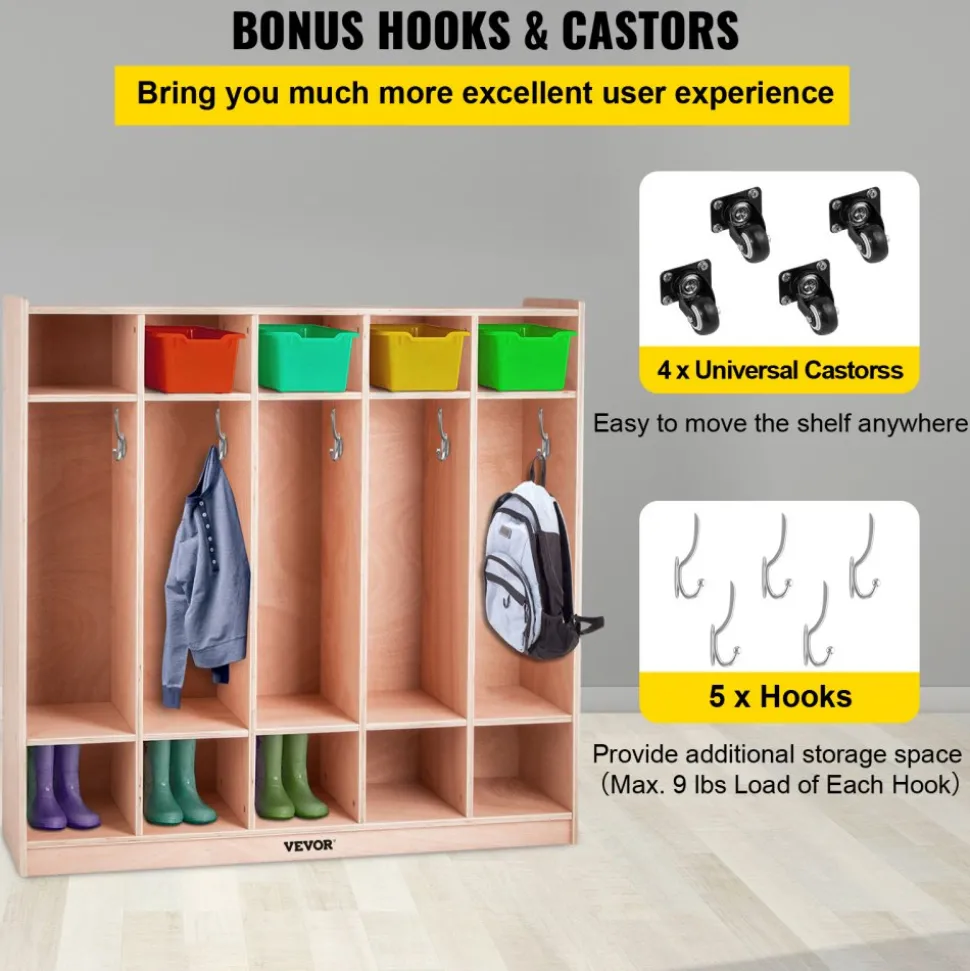 VEVOR Coat Locker, 5-Section Daycare Cubby Coat Rack, Classroom Coat Locker and Backpack Hanger, with 5 Hooks and Storage Boxes, for Kindergarten & School, Natural