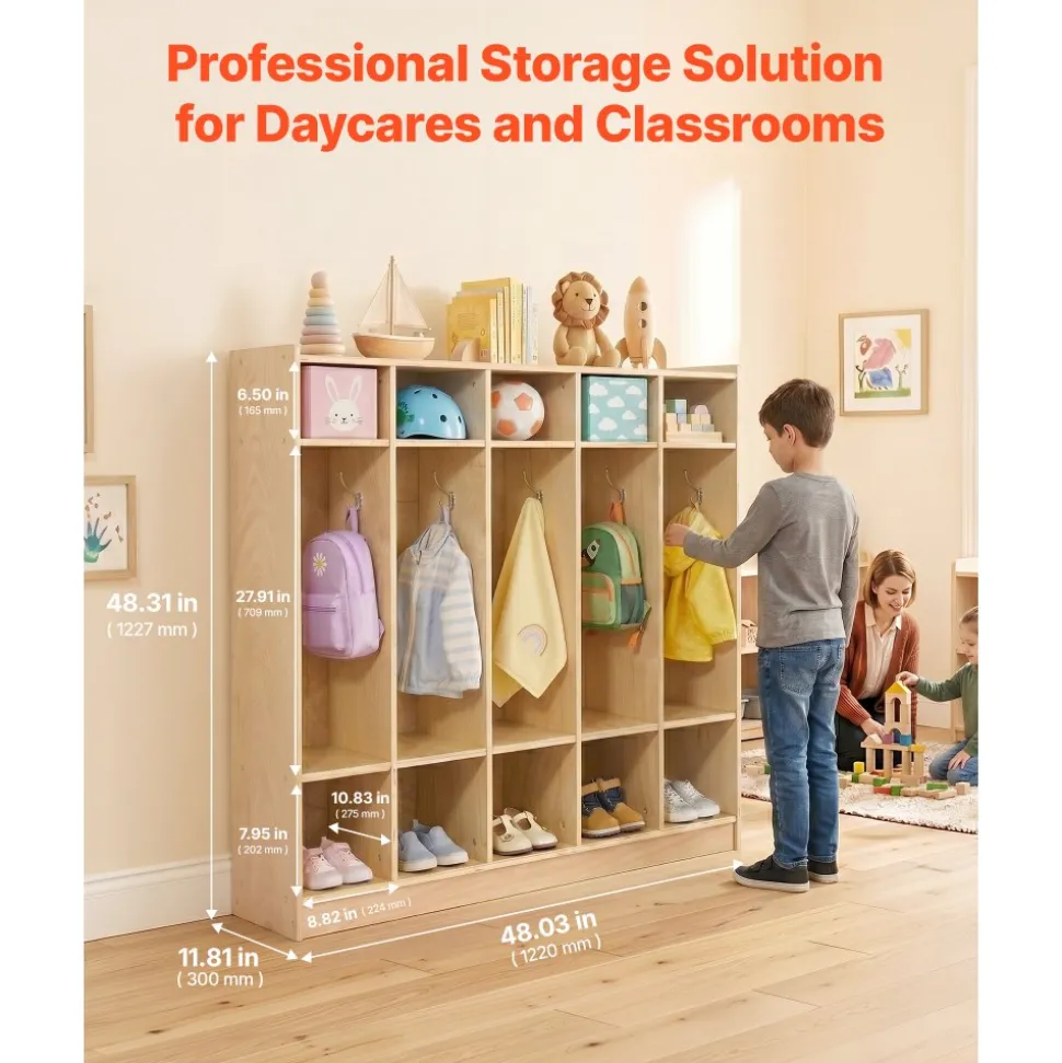 VEVOR Coat Locker, 5-Section Daycare Cubby Coat Rack 48x12x48 inch, Classroom Coat Locker and Backpack Hanger, with 5 Hooks and Storage Boxes, for Kindergarten & School, Natural