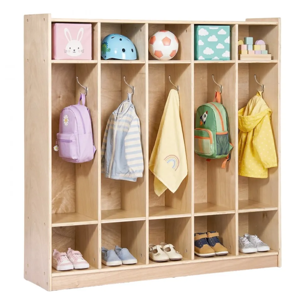 VEVOR Coat Locker, 5-Section Daycare Cubby Coat Rack 48x12x48 inch, Classroom Coat Locker and Backpack Hanger, with 5 Hooks and Storage Boxes, for Kindergarten & School, Natural