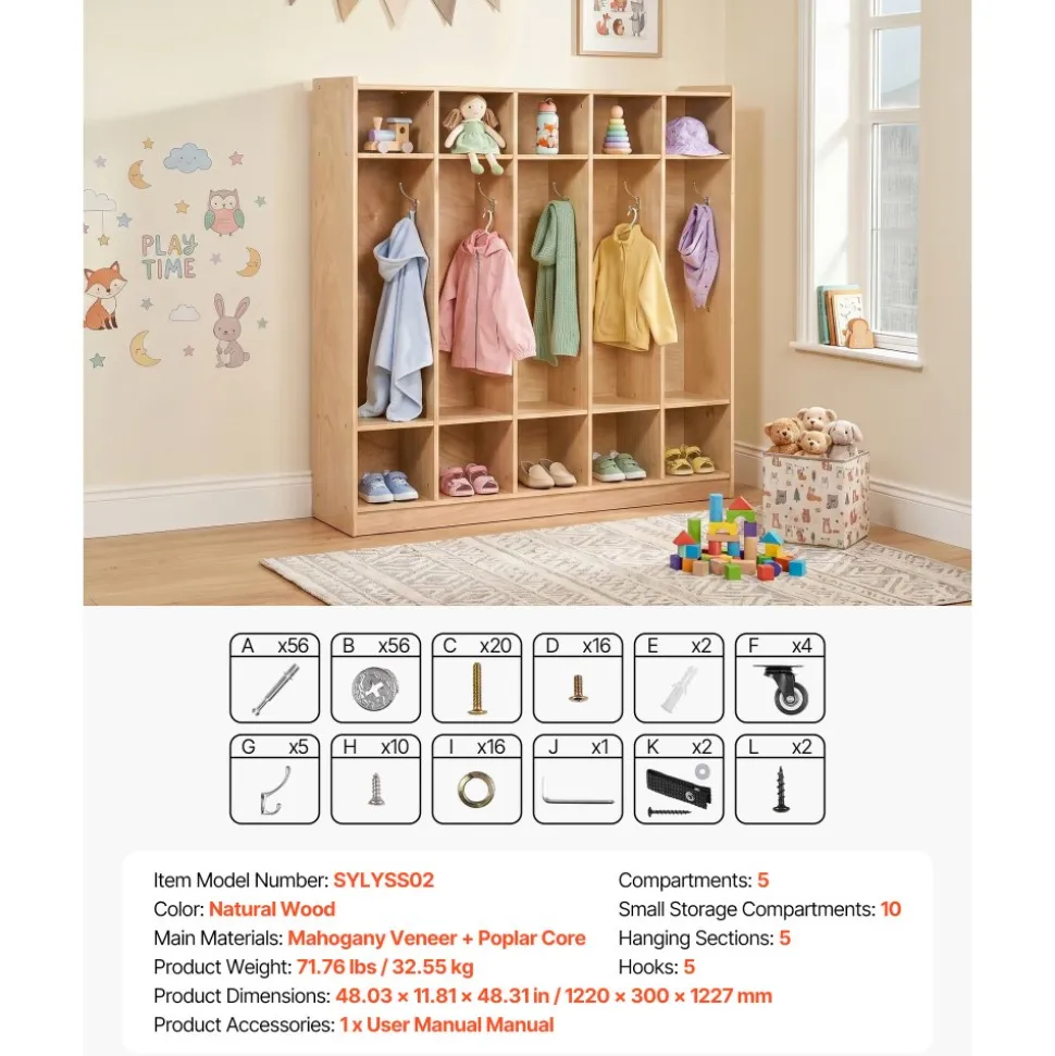 VEVOR Coat Locker, 5-Section Daycare Cubby Coat Rack 48x12x48 inch, Classroom Coat Locker and Backpack Hanger, with 5 Hooks and Storage Boxes, for Kindergarten & School, Natural