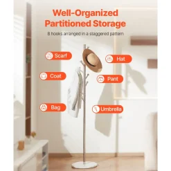 VEVOR Coat Rack, Freestanding Coats Rack Stand with Stable Marble Base & 8 Hooks, Free Standing Hall Coat Tree for Entryway, Bedroom, Office, Living Room, Modern Clothes Hanger for Coats, Hats, Bags