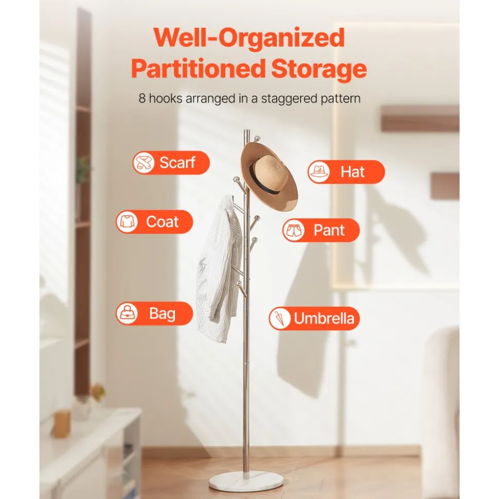 VEVOR Coat Rack, Freestanding Coats Rack Stand with Stable Marble Base & 8 Hooks, Free Standing Hall Coat Tree for Entryway, Bedroom, Office, Living Room, Modern Clothes Hanger for Coats, Hats, Bags