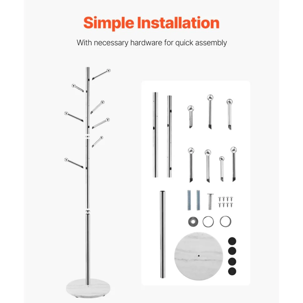 VEVOR Coat Rack, Freestanding Coats Rack Stand with Stable Marble Base & 8 Hooks, Free Standing Hall Coat Tree for Entryway, Bedroom, Office, Living Room, Modern Clothes Hanger for Coats, Hats, Bags