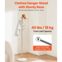 VEVOR Coat Rack, Freestanding Coats Rack Stand with Stable Marble Base & 8 Hooks, Free Standing Hall Coat Tree for Entryway, Bedroom, Office, Living Room, Modern Clothes Hanger for Coats, Hats, Bags