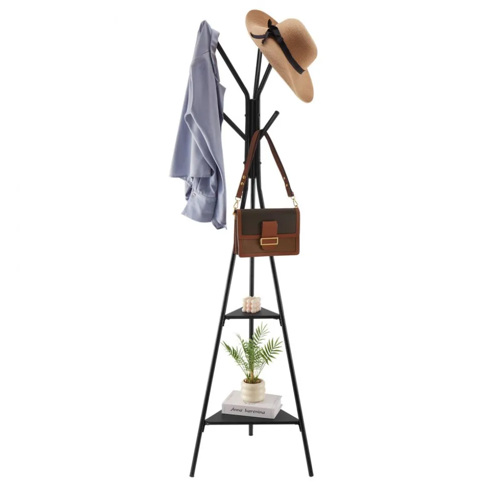 VEVOR Coat Rack, Freestanding Coats Rack Stand with 2 Shelves & 6 Hooks, Free Standing Hall Coat Tree for Entryway, Bedroom, Living Room, Modern Clothes Hanger Stand for Coats, Hats, Scarves, Handbags