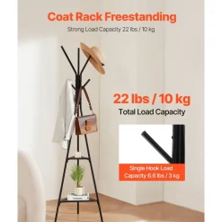 VEVOR Coat Rack, Freestanding Coats Rack Stand with 2 Shelves & 6 Hooks, Free Standing Hall Coat Tree for Entryway, Bedroom, Living Room, Modern Clothes Hanger Stand for Coats, Hats, Scarves, Handbags