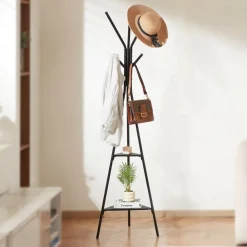 VEVOR Coat Rack, Freestanding Coats Rack Stand with 2 Shelves & 6 Hooks, Free Standing Hall Coat Tree for Entryway, Bedroom, Living Room, Modern Clothes Hanger Stand for Coats, Hats, Scarves, Handbags