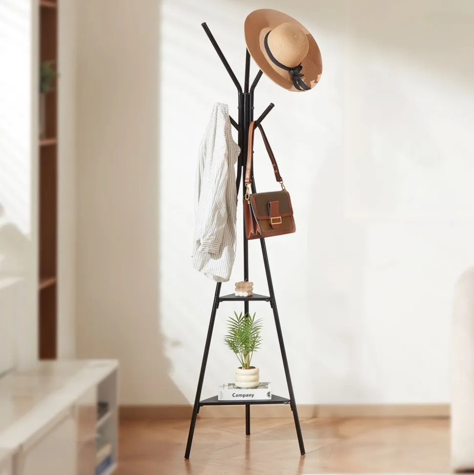 VEVOR Coat Rack, Freestanding Coats Rack Stand with 2 Shelves & 6 Hooks, Free Standing Hall Coat Tree for Entryway, Bedroom, Living Room, Modern Clothes Hanger Stand for Coats, Hats, Scarves, Handbags