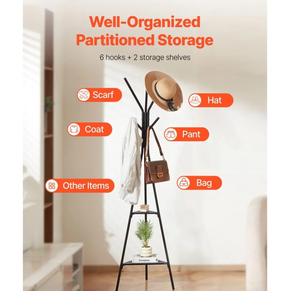 VEVOR Coat Rack, Freestanding Coats Rack Stand with 2 Shelves & 6 Hooks, Free Standing Hall Coat Tree for Entryway, Bedroom, Living Room, Modern Clothes Hanger Stand for Coats, Hats, Scarves, Handbags