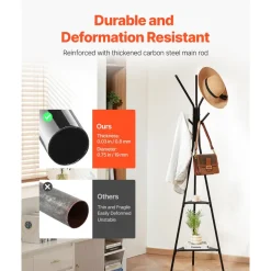 VEVOR Coat Rack, Freestanding Coats Rack Stand with 2 Shelves & 6 Hooks, Free Standing Hall Coat Tree for Entryway, Bedroom, Living Room, Modern Clothes Hanger Stand for Coats, Hats, Scarves, Handbags