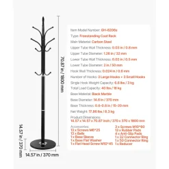 VEVOR Coat Rack, Freestanding Coat Rack Stand with Quartz Stone Base & 9 Hooks, Free Standing Hall Coat Tree for Entryway, Bedroom, Office, Living Room, Modern Clothes Hanger for Coat, Hat, Scarf, Bag