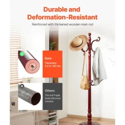 VEVOR Coat Rack Freestanding, Wooden Coats Rack Stand with Weighted Base & 11 Hooks, Free Standing Hall Coat Tree for Entryway, Bedroom, Living Room, Modern Clothes Hanger Stand for Coats, Hats, Bag