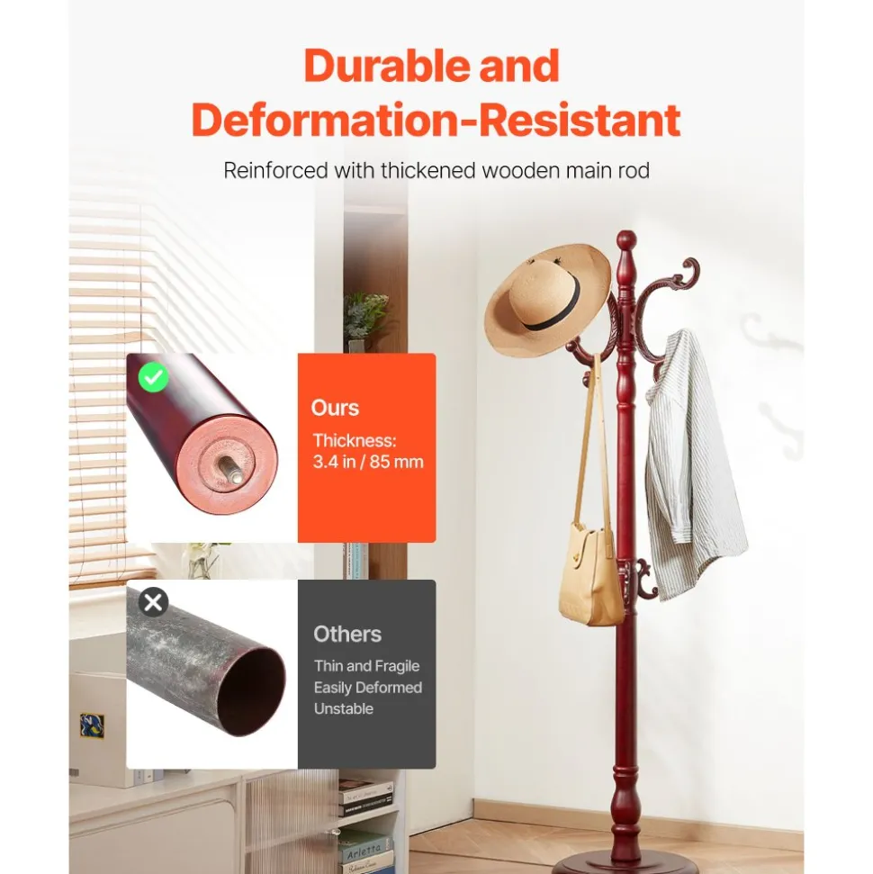 VEVOR Coat Rack Freestanding, Wooden Coats Rack Stand with Weighted Base & 11 Hooks, Free Standing Hall Coat Tree for Entryway, Bedroom, Living Room, Modern Clothes Hanger Stand for Coats, Hats, Bag