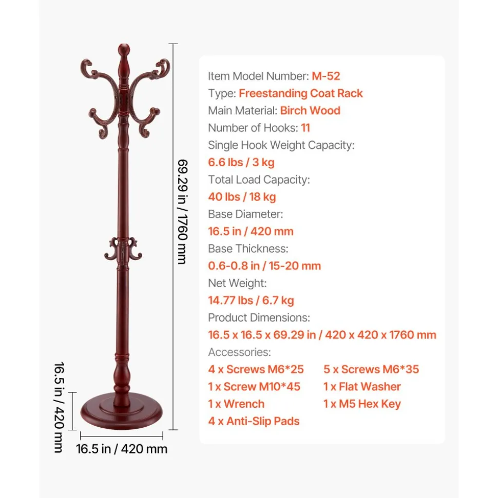 VEVOR Coat Rack Freestanding, Wooden Coats Rack Stand with Weighted Base & 11 Hooks, Free Standing Hall Coat Tree for Entryway, Bedroom, Living Room, Modern Clothes Hanger Stand for Coats, Hats, Bag
