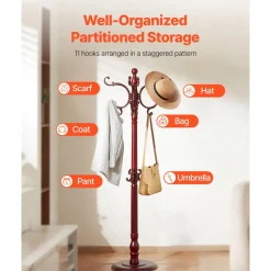 VEVOR Coat Rack Freestanding, Wooden Coats Rack Stand with Weighted Base & 11 Hooks, Free Standing Hall Coat Tree for Entryway, Bedroom, Living Room, Modern Clothes Hanger Stand for Coats, Hats, Bag