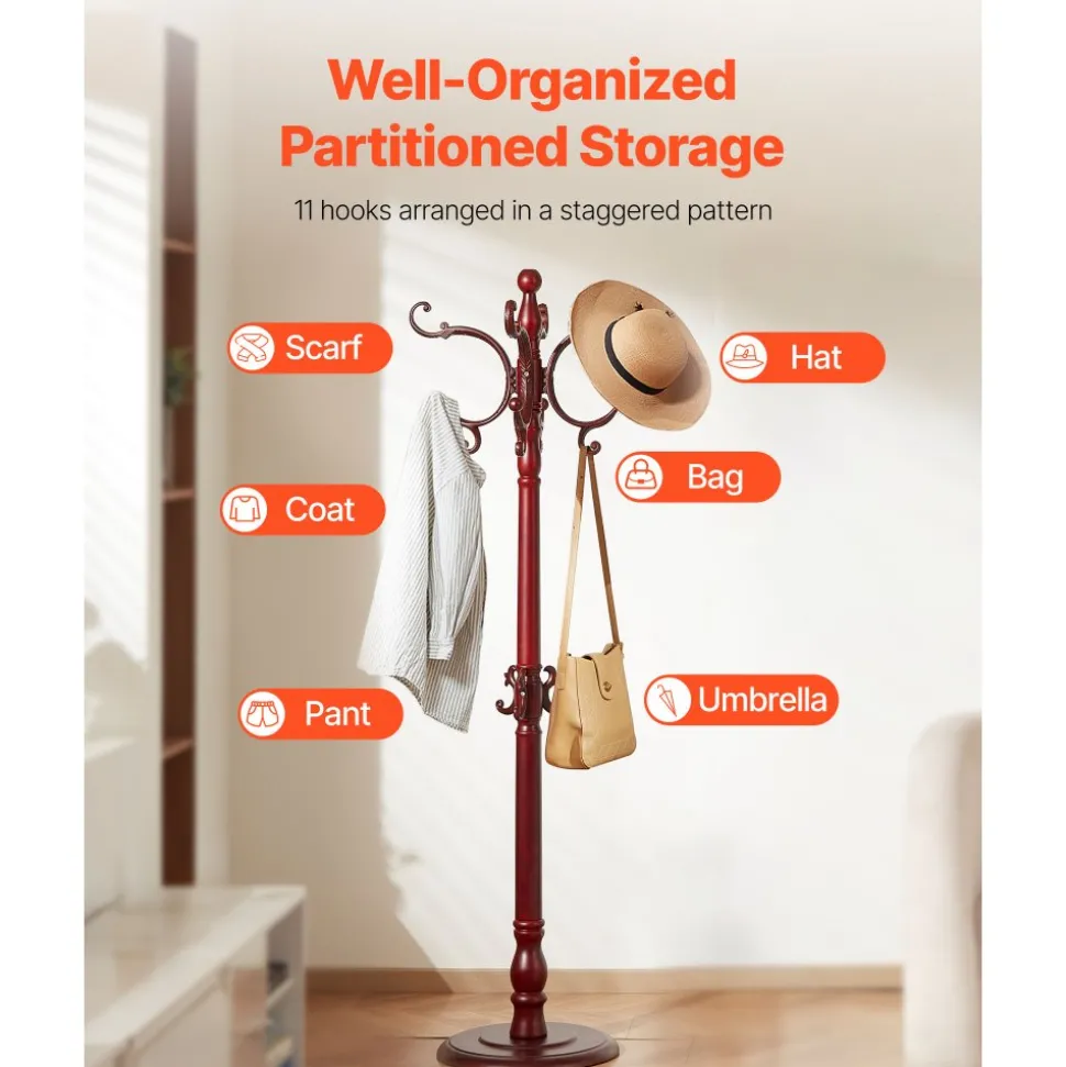 VEVOR Coat Rack Freestanding, Wooden Coats Rack Stand with Weighted Base & 11 Hooks, Free Standing Hall Coat Tree for Entryway, Bedroom, Living Room, Modern Clothes Hanger Stand for Coats, Hats, Bag