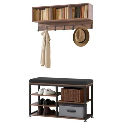 VEVOR Coat Rack with Shoe Bench, 3-in-1 Shoe Coat Rack Combo Set with Hooks and Bookshelf, Steel Frame Hall Tree Entrance Storage Organizer Holder for Entry, Bedroom, Closet, Office, Rustic Brown