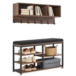 VEVOR Coat Rack with Shoe Bench, 3-in-1 Shoe Coat Rack Combo Set with Hooks and Bookshelf, Steel Frame Hall Tree Entrance Storage Organizer Holder for Entry, Bedroom, Closet, Office, Rustic Brown