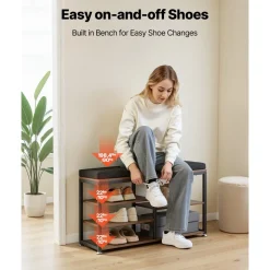 VEVOR Coat Rack with Shoe Bench, 3-in-1 Shoe Coat Rack Combo Set with Hooks and Bookshelf, Steel Frame Hall Tree Entrance Storage Organizer Holder for Entry, Bedroom, Closet, Office, Rustic Brown